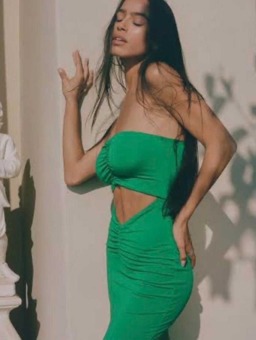 Tiger Mist Emerald Green Ruched Cutout Maxi Dress